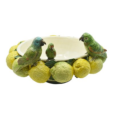 Cachepot com limões e papagaios na borda