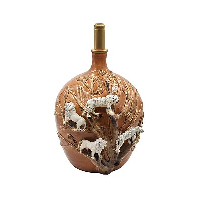 Base abajur garrafão terracota com tigres, leões e folhas