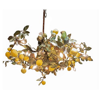 Lustre Capri limões sicilianos, flores, pássaros e folhas em cobre