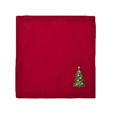 Jogo 6 guardanapos vermelhos com bordado de árvore Natal