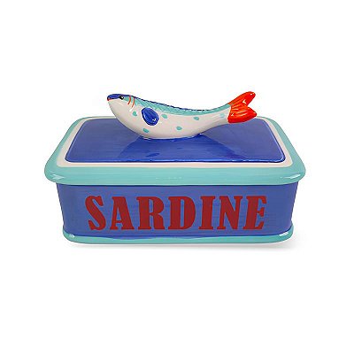 Pote em cerâmica lata de sardinha azul e vermelho P