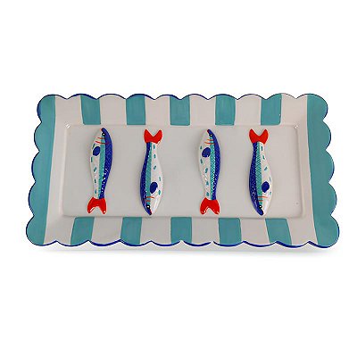 Bandeja sardinha com borda ondulada e listras turquesa (28 cm)
