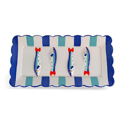 Bandeja sardinha com borda ondulada e listras azuis (24 cm)