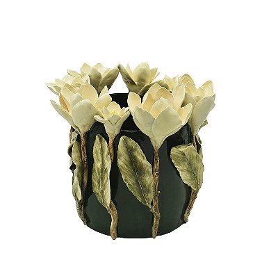 Cachepot verde musgo com aplique de magnólias
