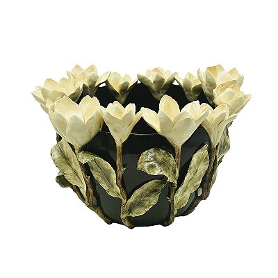 Cachepot garrafão verde musgo LZ com apliques de magnólias