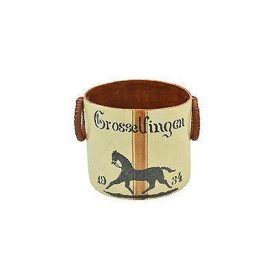 Mini vaso bege com pintura cavalo e argolas couro
