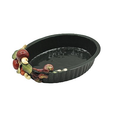 Travessa oval verde escuro com apliques de cajus P