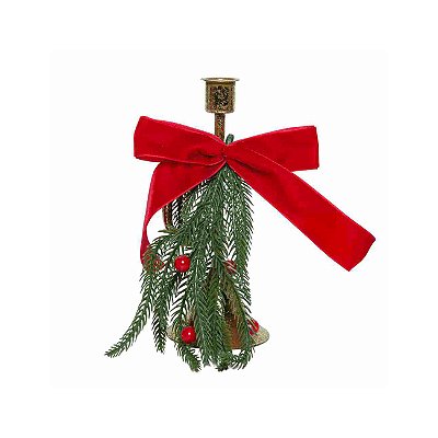 Castiçal dourado com laço vermelho e folhagem
