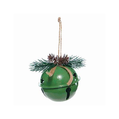 Bola de Natal em metal verde com guizo e pinhas