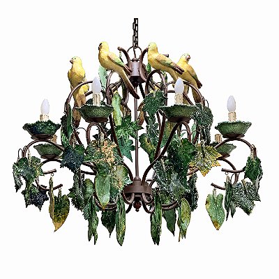 Lustre com Folhas e Pássaros de Cerâmica
