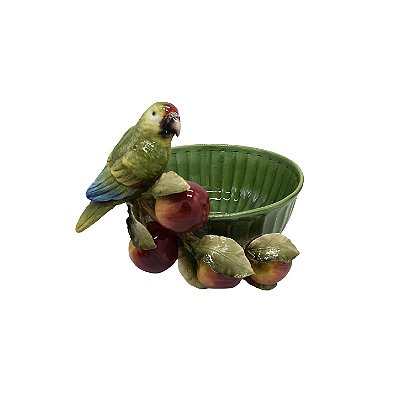 Cachepot verde frisado com maçãs e papagaio