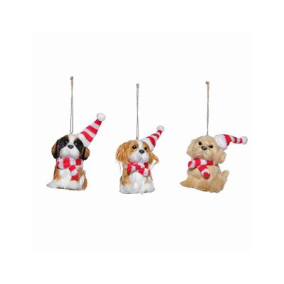 Kit 3 cachorros com gorro para pendurar na árvore de Natal