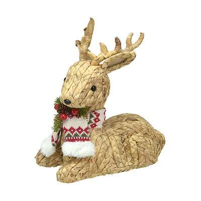 Rena sentada de palha trançada com cachecol natalino (25 cm)