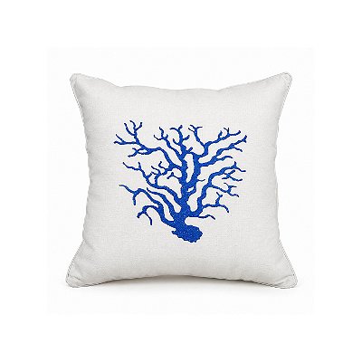 Capa de Almofada linho coral azul bordada 43x43 cm