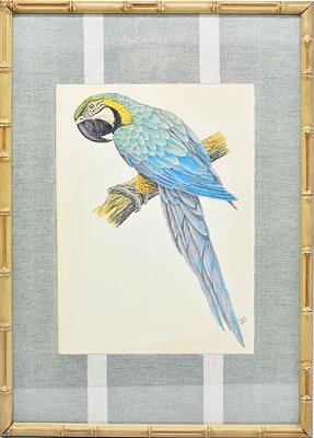 Quadro gravura pássaro com moldura de faux bamboo fundo listra 2