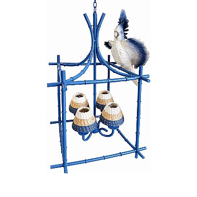 lustre Gaiola Azul com Calopsita e Cúpulas listadas