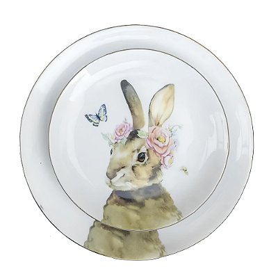 Prato raso e de sobremesa Coelha com Borboleta Friso prata