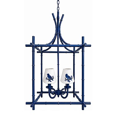 Lustre Gaiola azul com cúpulas bordadas pássaros