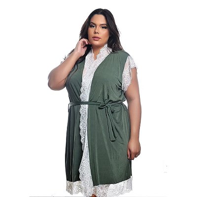 Conjunto Letícia Robe E Camisola Plus Size Pimenta Sexy - Verde Musgo Com Branco