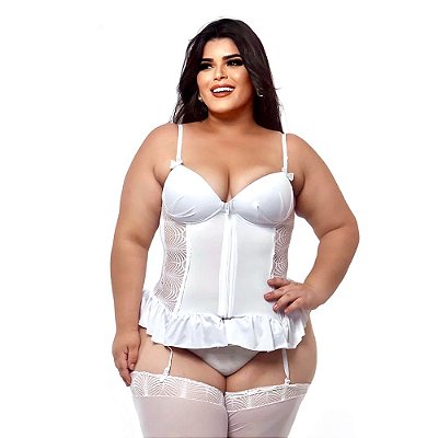 Espartilho Plus Size Com Zíper Frontal E Renda Na Lateral Macler - Branco