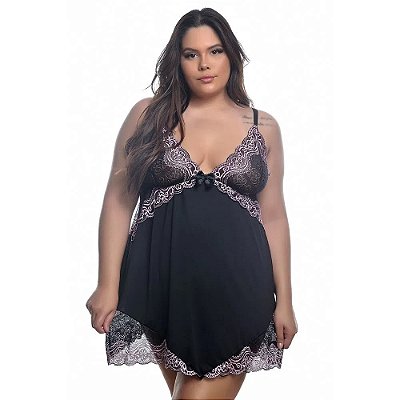 Camisola Plus Size Em Tule E Detalhes Rendados Bicolor Hot Love