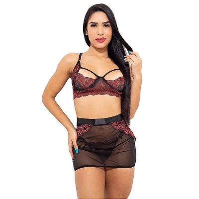 Conjunto Sensual Bicolor Com Sainha Hot Love