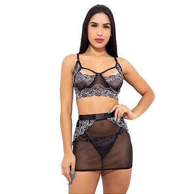 Conjunto Sensual Bicolor Com Sainha Hot Love