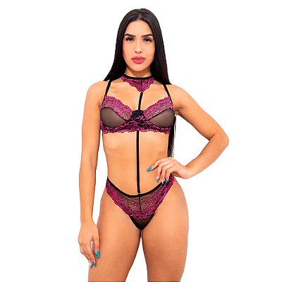 Conjunto Sensual Tule Bicolor Com Gargantilha Hot Love - Preto Com Pink