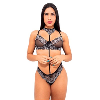 Conjunto Sensual Tule Bicolor Com Gargantilha Hot Love - Preto Com Branco