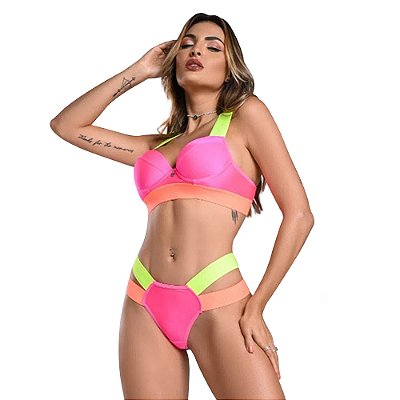 Conjunto Biquini Estrela Com Bojo Moda Apimentada - Rosa Com Neon