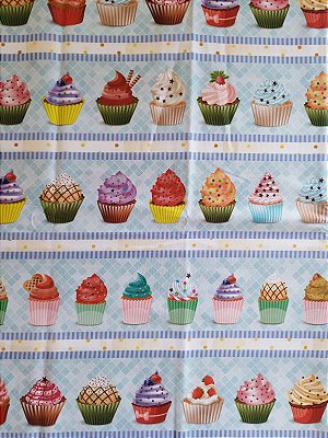 Tricoline digital faixas cupcakes fundo azul e rosa 53x150cm - Un