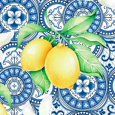 Tricoline digital limão siciliano fundo azulejo português azul 25x150cm - Un