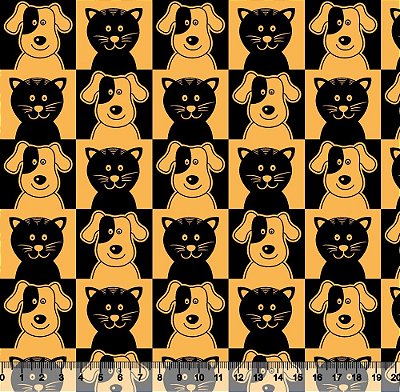 Tricoline gatos e cachorros fundo preto/amarelo 25x150cm - Un