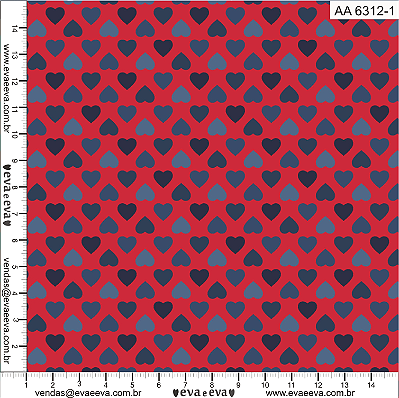 Tricoline amor amour corações azuis fundo vermelho 50x150cm - Un