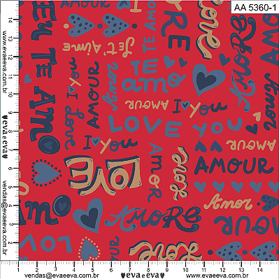 Tricoline amor amour te amo fundo vermelho 50x150cm - Un