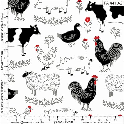 Tricoline estampado fazendinha animais fundo branco 50x150cm - Un