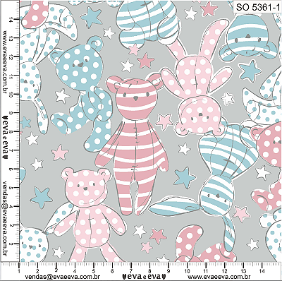 Tricoline sonhos urso rosa fundo cinza 50x150cm - Un
