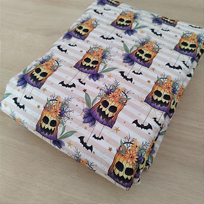 Tricoline Dig. Estampado Halloween fundo listrado 50x150cm - Un