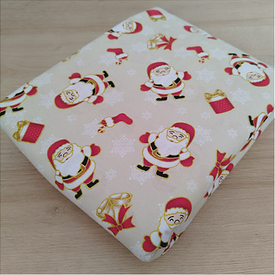 Tricoline estampado Papai Noel e presentes fundo bege 50x150cm - Un