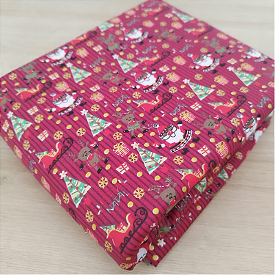 Tricoline estampado Papai Noel e renas fundo vermelho 50x150cm - Un