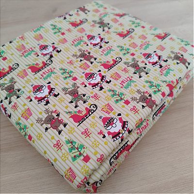 Tricoline estampado Papai Noel e renas fundo bege 50x150cm - Un