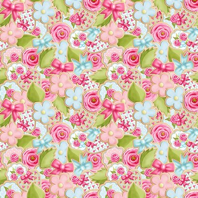 Tricoline digital cookies flores fundo rosa 50x150cm - Un