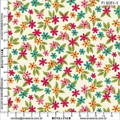 Tricoline fiesta flores fundo bege 50x150cm - Un