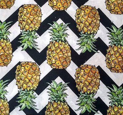 Tricoline digital abacaxi com fundo chevron branco e preto 50x150cm - Un