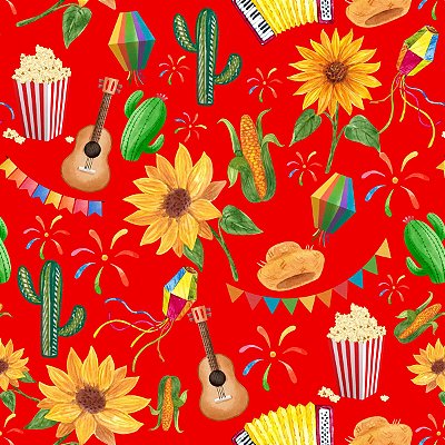 Tricoline digital arraia fundo vermelho 50x150cm - Un