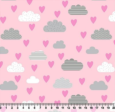 Tricoline nuvens e corações fundo rosa 50x150cm - Un