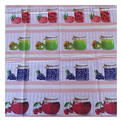 Tricoline 100% algodão barrados 50x148cm c/ 11 faixas - Potes de frutas fundo salmão