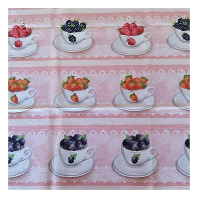 Tricoline 100% algodão barrados 50x148cm c/ 11 faixas - Frutas na xícara fundo marmore
