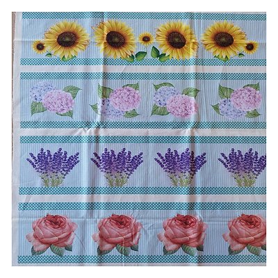 Tricoline 100% algodão barrados 50x148cm c/ 11 faixas - Flores fundo Tiffany