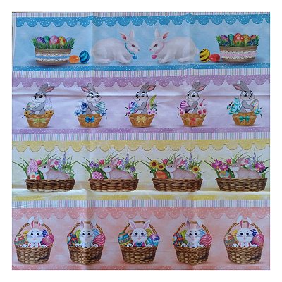 Tricoline 100% algodão barrados 50x148cm c/ 11 faixas - Coelhinhos na cesta